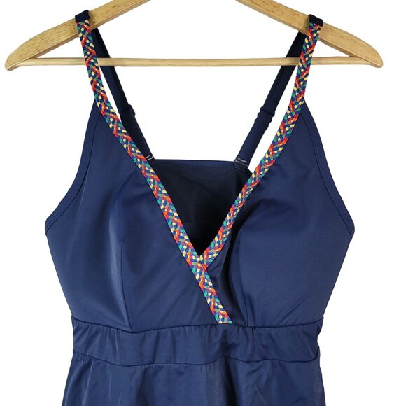 Cacique No Wire Swim Tankini Blue Size 14 Braided Strap V Neck Shelf Bra Ruffle - Picture 2 of 13